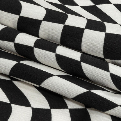 Stretch Cotton Sateen - Black and White Warped Checks - Down the Rabbit Hole Print - Mood Exclusive Indigo Collection