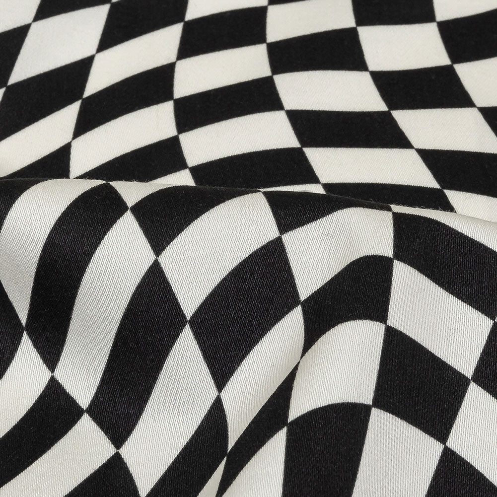 Stretch Cotton Sateen - Black and White Warped Checks - Down the Rabbit Hole Print - Mood Exclusive Indigo Collection - Detail