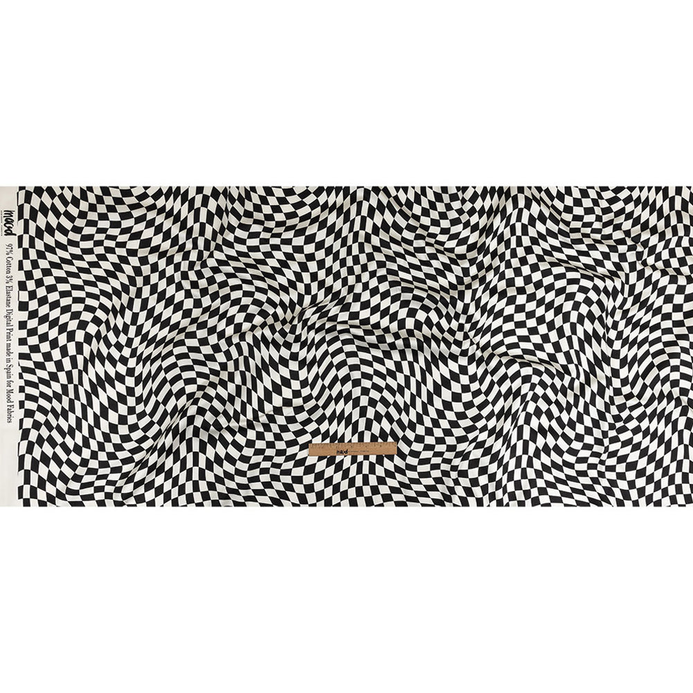 Stretch Cotton Sateen - Black and White Warped Checks - Down the Rabbit Hole Print - Mood Exclusive Indigo Collection - Full