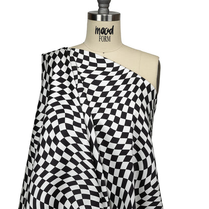Stretch Cotton Sateen - Black and White Warped Checks - Down the Rabbit Hole Print - Mood Exclusive Indigo Collection