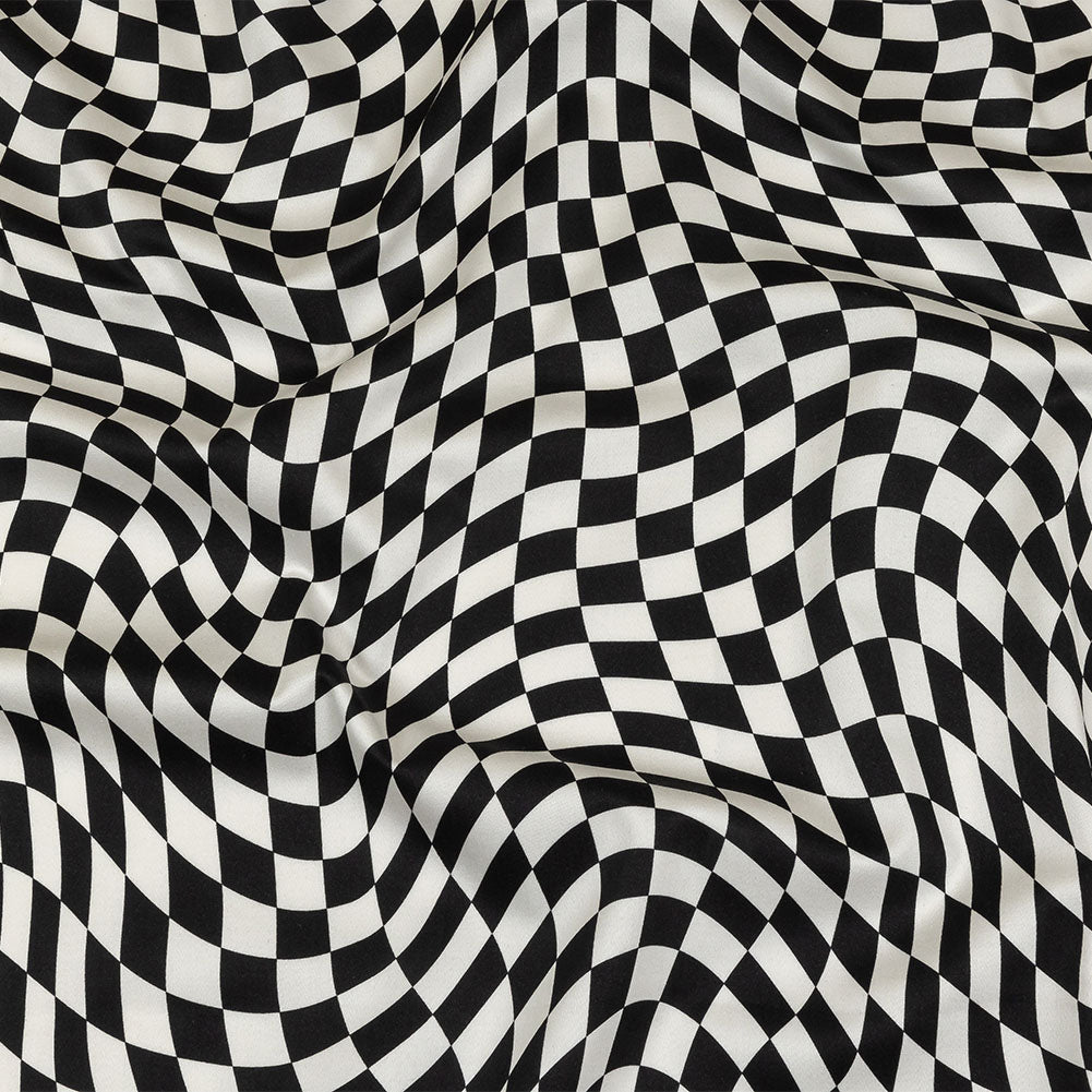 Stretch Cotton Sateen - Black and White Warped Checks - Down the Rabbit Hole Print - Mood Exclusive Indigo Collection