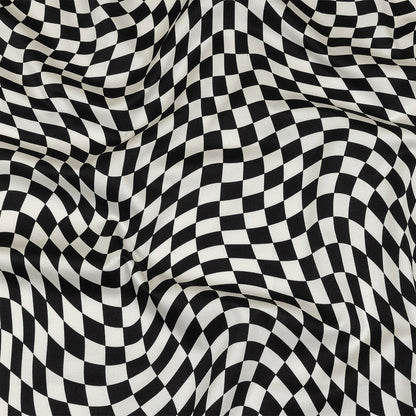 Stretch Cotton Sateen - Black and White Warped Checks - Down the Rabbit Hole Print - Mood Exclusive Indigo Collection