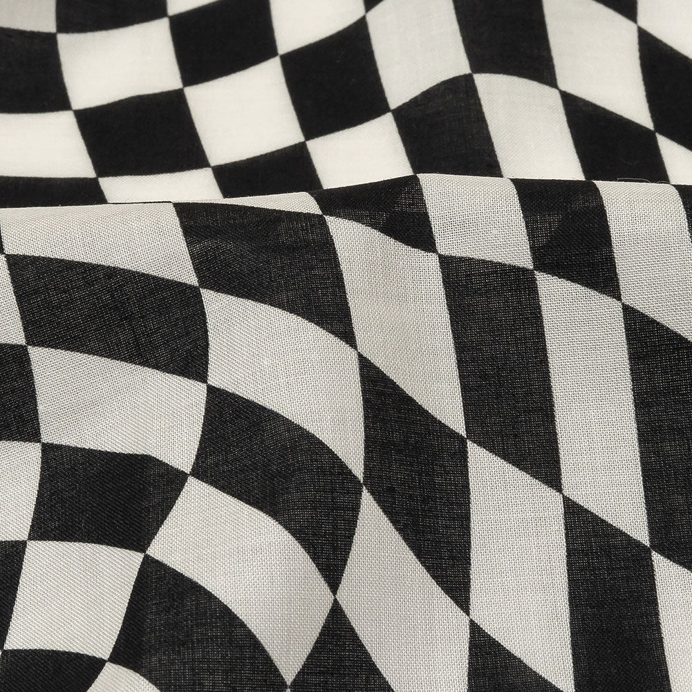 Cotton Voile - Black and White Warped Checks - Down the Rabbit Hole Print - Mood Exclusive Indigo Collection - Detail