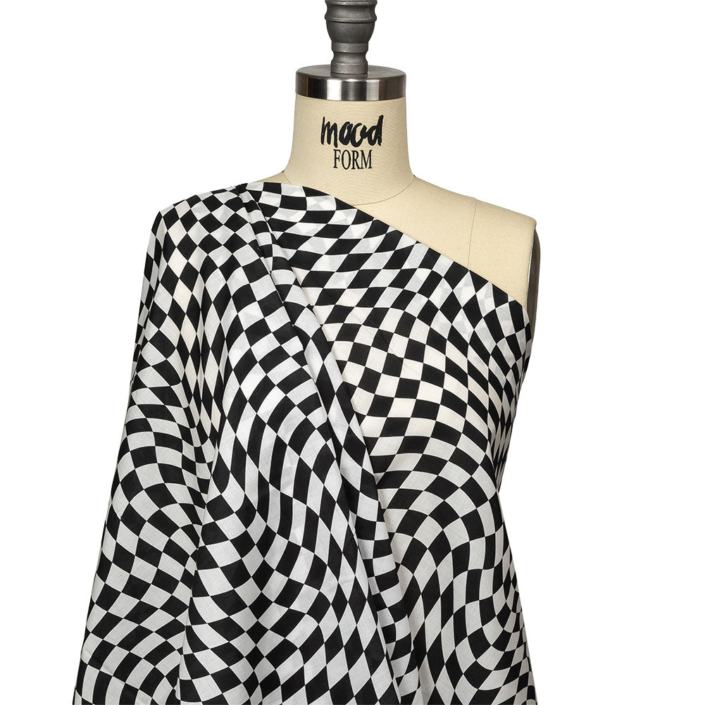 Cotton Voile - Black and White Warped Checks - Down the Rabbit Hole Print - Mood Exclusive Indigo Collection - Drape
