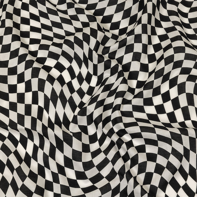 Cotton Voile - Black and White Warped Checks - Down the Rabbit Hole Print - Mood Exclusive Indigo Collection