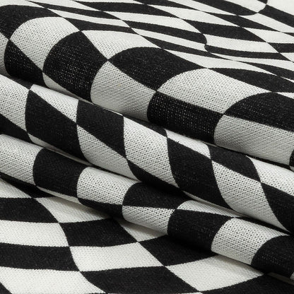 Linen and Rayon Woven - Black and White Warped Checks - Down the Rabbit Hole Print - Mood Exclusive Indigo Collection