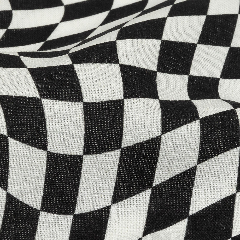 Linen and Rayon Woven - Black and White Warped Checks - Down the Rabbit Hole Print - Mood Exclusive Indigo Collection - Detail