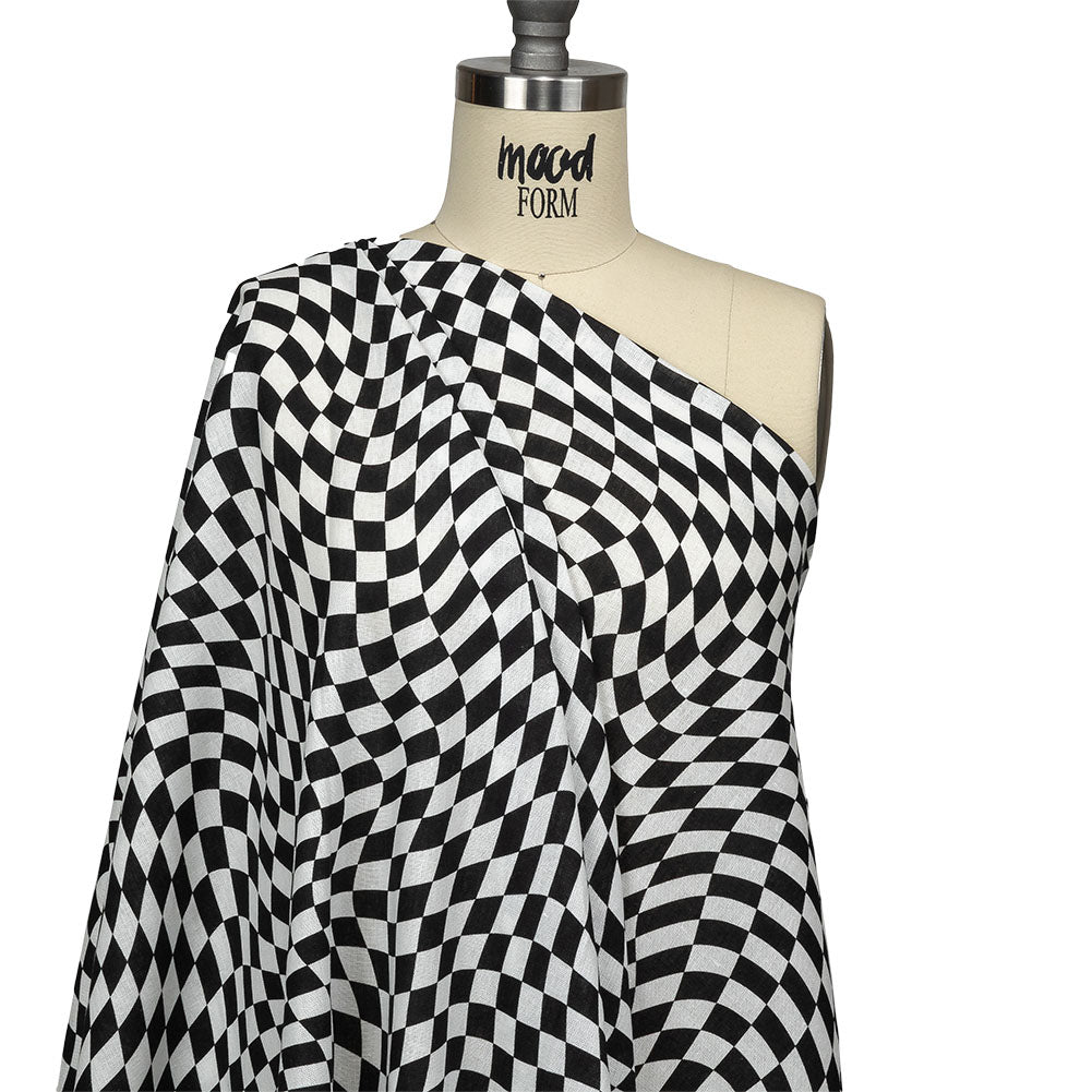 Linen and Rayon Woven - Black and White Warped Checks - Down the Rabbit Hole Print - Mood Exclusive Indigo Collection - Drape