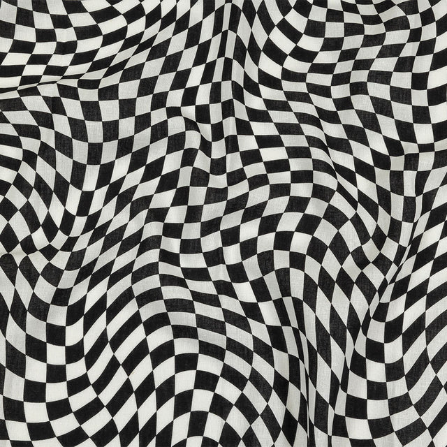 Linen and Rayon Woven - Black and White Warped Checks - Down the Rabbit Hole Print - Mood Exclusive Indigo Collection