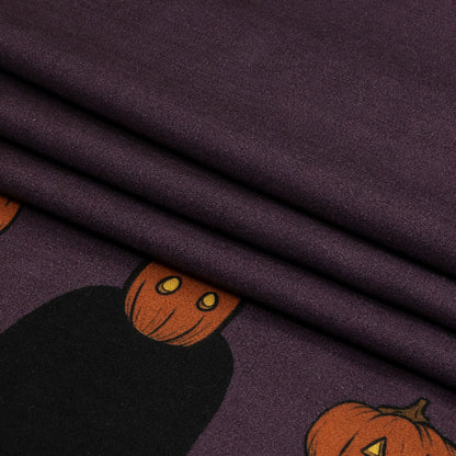 Rayon Challis - Purple Pumpkin People Border - Pumpkin Parade Print - Mood Exclusive Jack-O-Lantern Collection