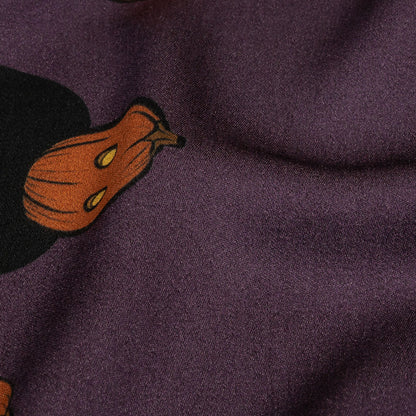 Rayon Challis - Purple Pumpkin People Border - Pumpkin Parade Print - Mood Exclusive Jack-O-Lantern Collection