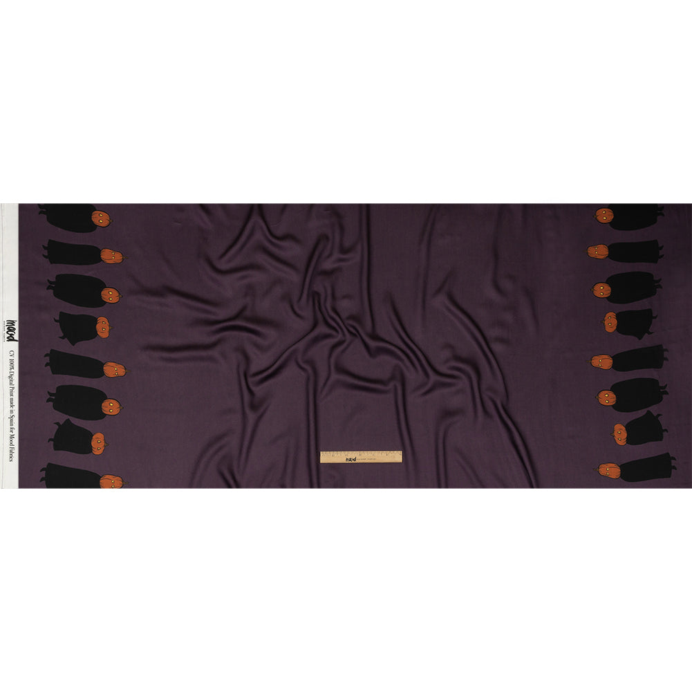 Rayon Challis - Purple Pumpkin People Border - Pumpkin Parade Print - Mood Exclusive Jack-O-Lantern Collection - Full