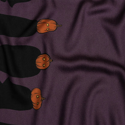 Rayon Challis - Purple Pumpkin People Border - Pumpkin Parade Print - Mood Exclusive Jack-O-Lantern Collection