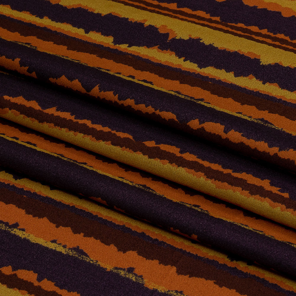 Rayon Challis - Purple, Orange and Yellow Stripes - Foliate Pathways Print - Mood Exclusive Jack-O-Lantern Collection - Folded