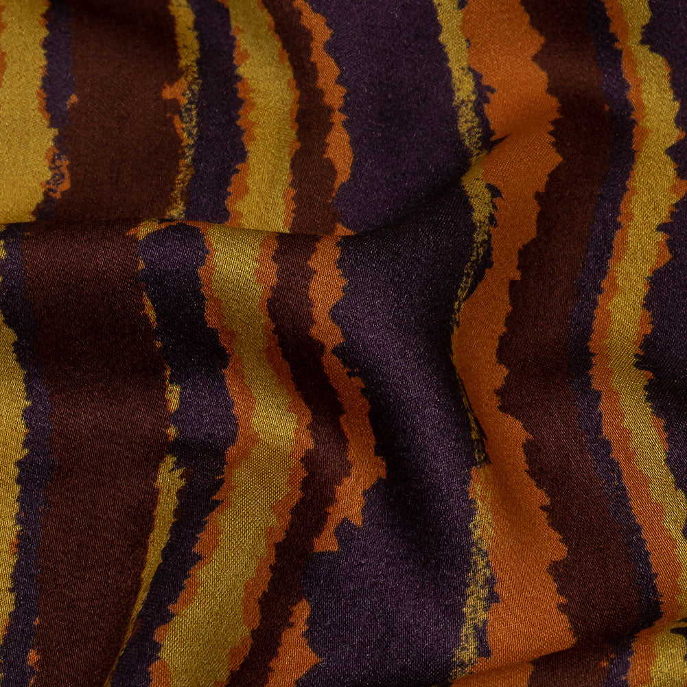 Rayon Challis - Purple, Orange and Yellow Stripes - Foliate Pathways Print - Mood Exclusive Jack-O-Lantern Collection - Detail