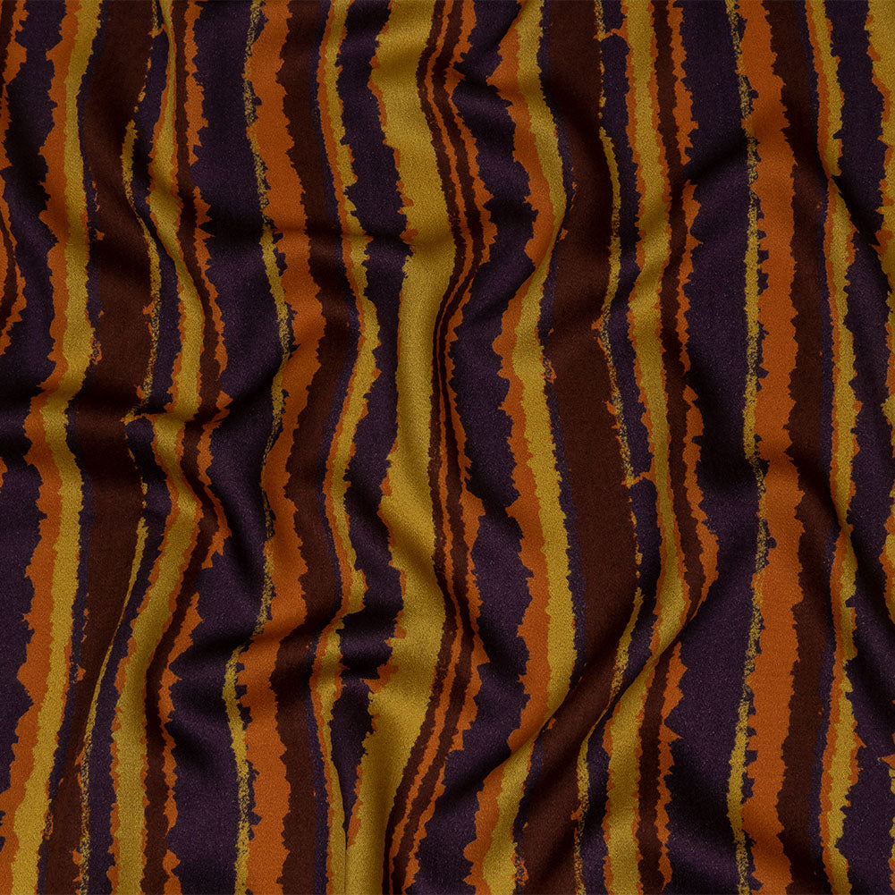 Rayon Challis - Purple, Orange and Yellow Stripes - Foliate Pathways Print - Mood Exclusive Jack-O-Lantern Collection