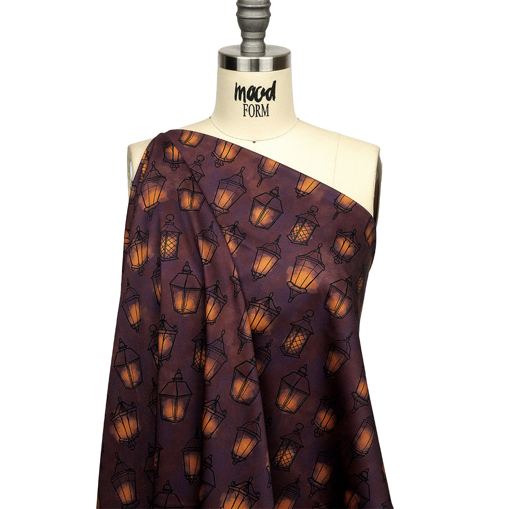Stretch Cotton Sateen - Purple Lanterns - By Lantern Light Print - Mood Exclusive Jack-O-Lantern Collection - Drape