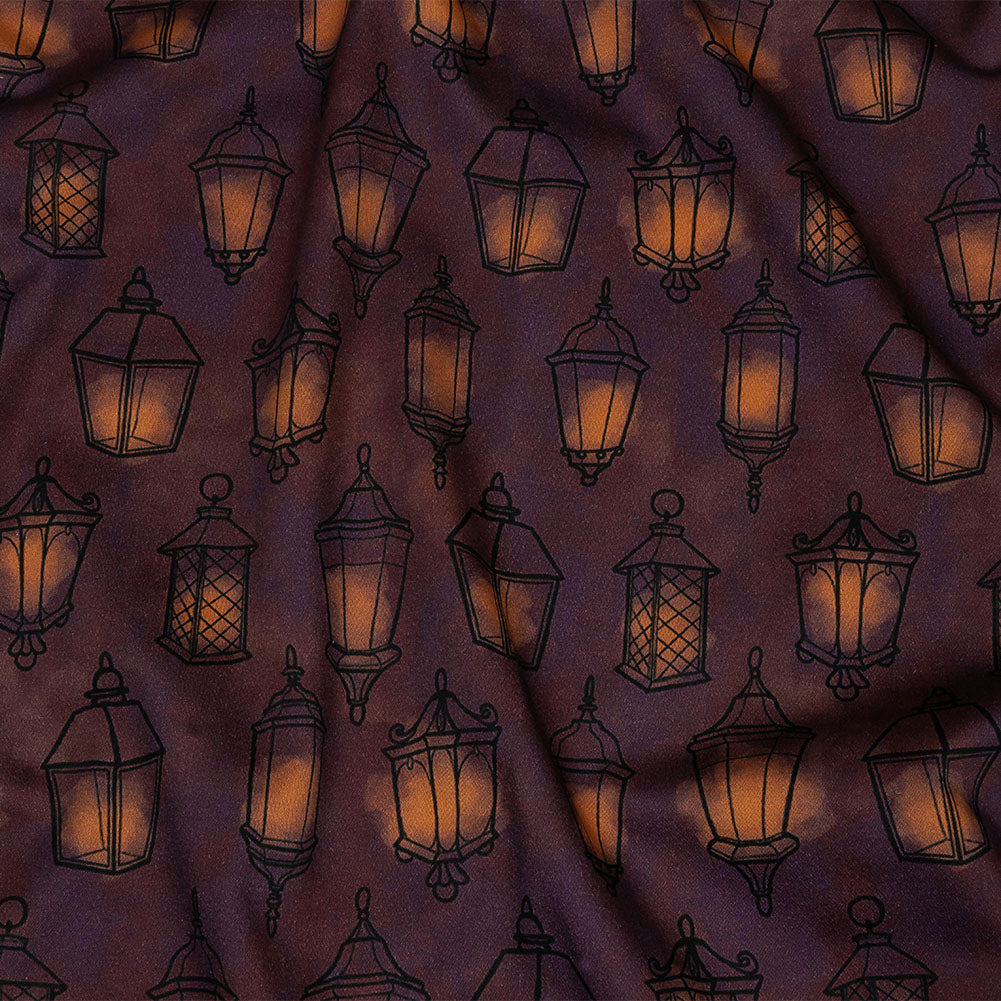 Stretch Cotton Sateen - Purple Lanterns - By Lantern Light Print - Mood Exclusive Jack-O-Lantern Collection