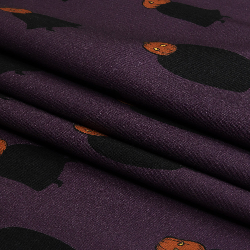 Stretch Cotton Sateen - Purple Pumpkin People - Pumpkin Patch Print - Mood Exclusive Jack-O-Lantern Collection - Folded