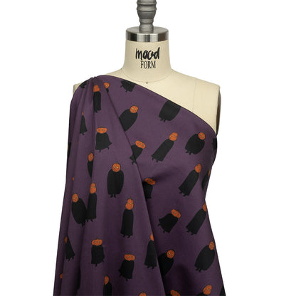 Stretch Cotton Sateen - Purple Pumpkin People - Pumpkin Patch Print - Mood Exclusive Jack-O-Lantern Collection