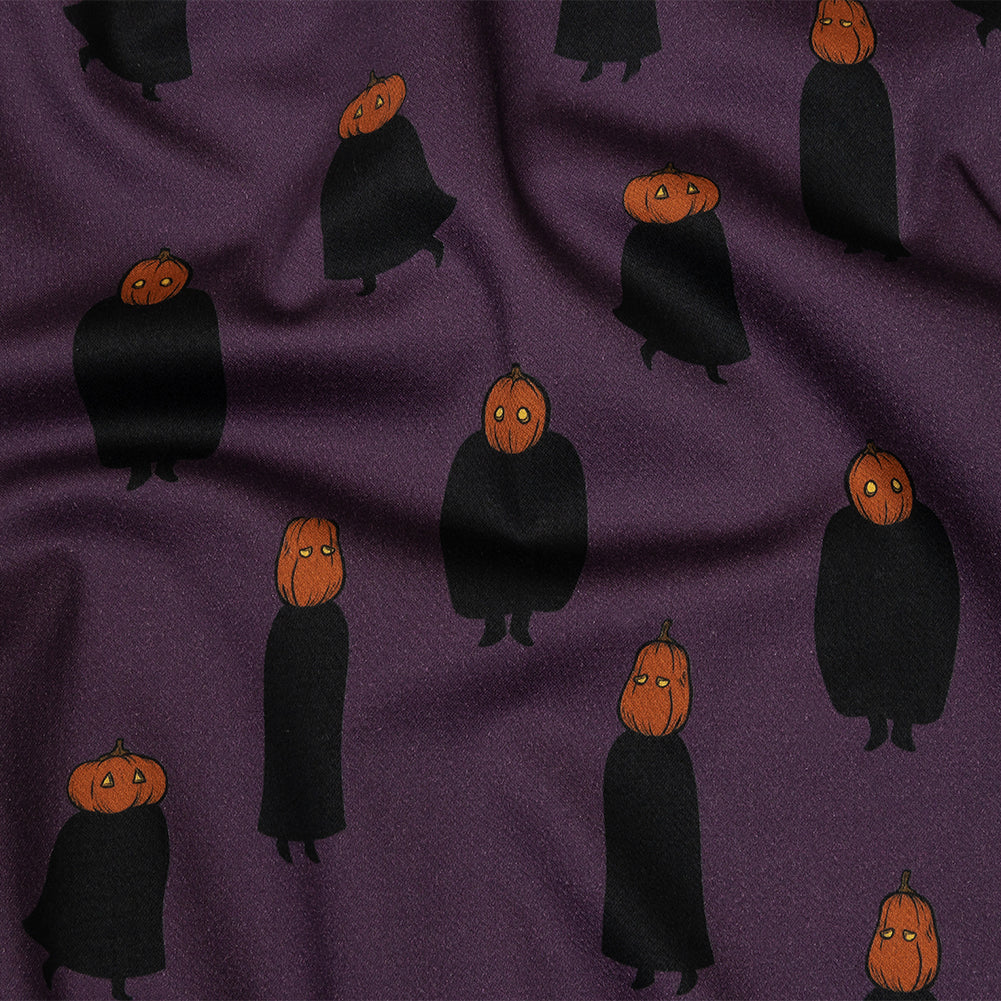 Stretch Cotton Sateen - Purple Pumpkin People - Pumpkin Patch Print - Mood Exclusive Jack-O-Lantern Collection