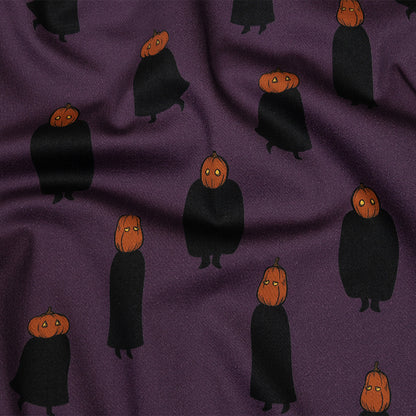 Stretch Cotton Sateen - Purple Pumpkin People - Pumpkin Patch Print - Mood Exclusive Jack-O-Lantern Collection