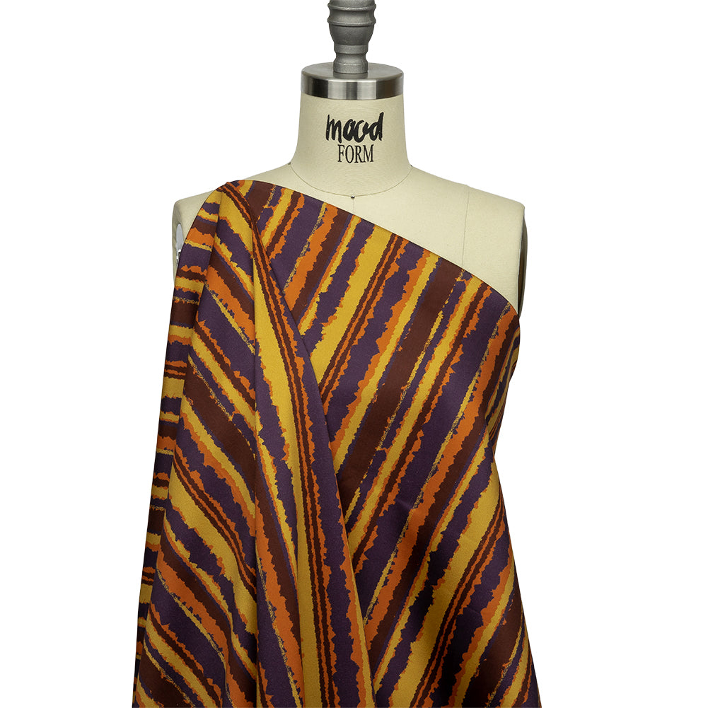 Stretch Cotton Sateen - Purple, Orange and Yellow Stripes - Foliate Pathways Print - Mood Exclusive Jack-O-Lantern Collection - Drape