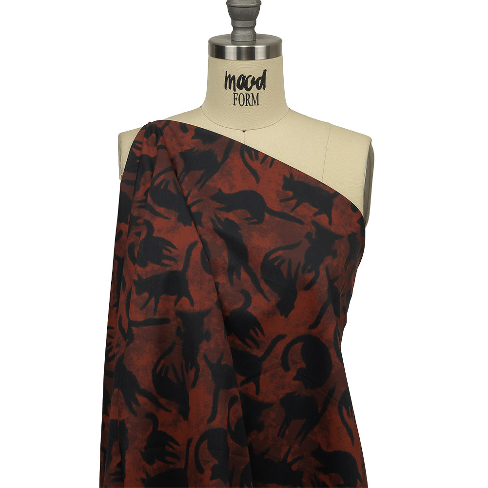 Stretch Cotton Poplin - Red and Black Cats - Black Cat Print - Mood Exclusive Nevermore Collection - Drape