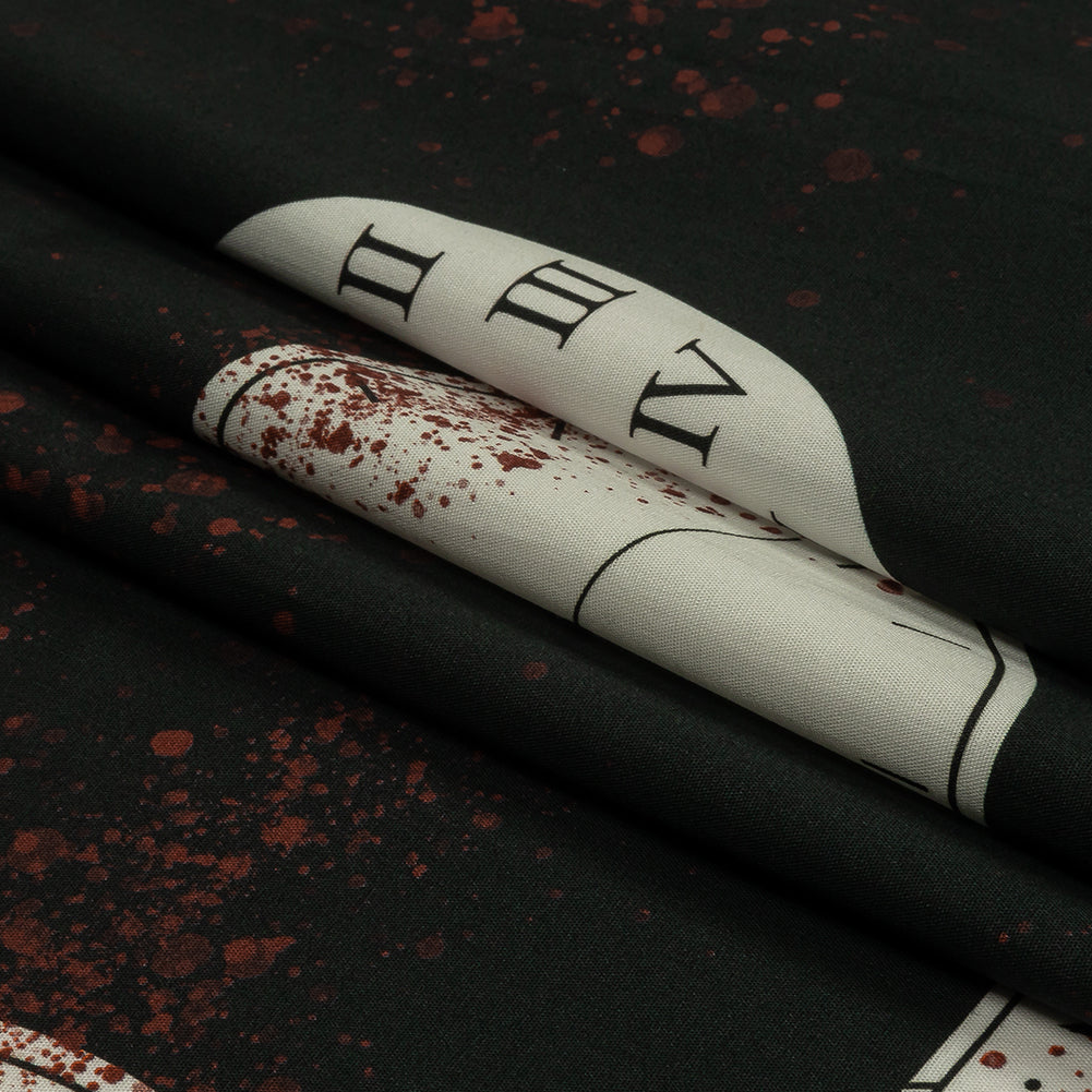 Stretch Cotton Poplin - Clocks and Blood Splatter - The Masque Print - Mood Exclusive Nevermore Collection - Folded