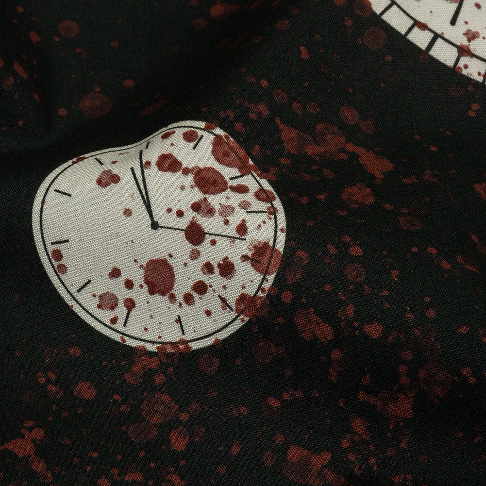 Stretch Cotton Poplin - Clocks and Blood Splatter - The Masque Print - Mood Exclusive Nevermore Collection - Detail