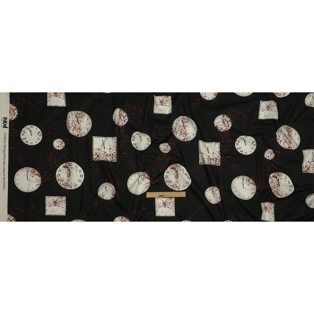 Stretch Cotton Poplin - Clocks and Blood Splatter - The Masque Print - Mood Exclusive Nevermore Collection - Full