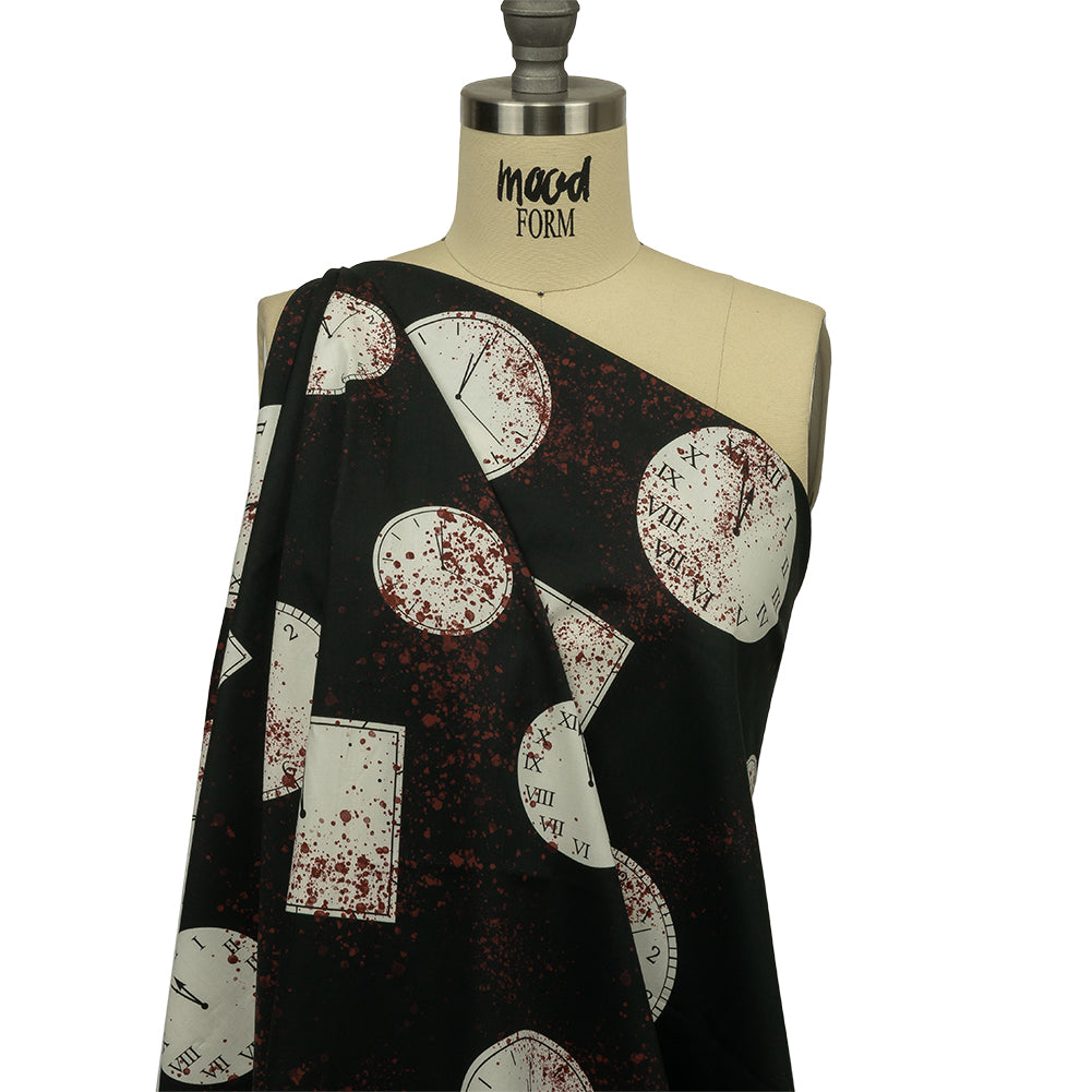 Stretch Cotton Poplin - Clocks and Blood Splatter - The Masque Print - Mood Exclusive Nevermore Collection - Drape