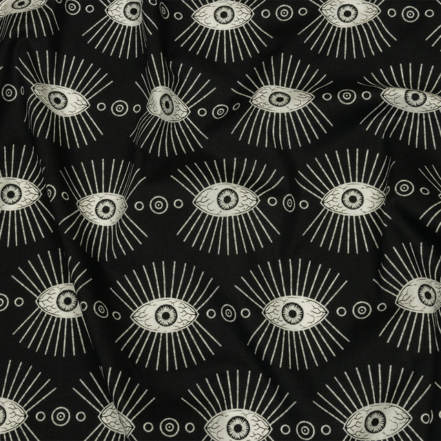 Stretch Cotton Poplin - Black and WhiteLines of Eyes - Tell Tale Print - Mood Exclusive Nevermore Collection