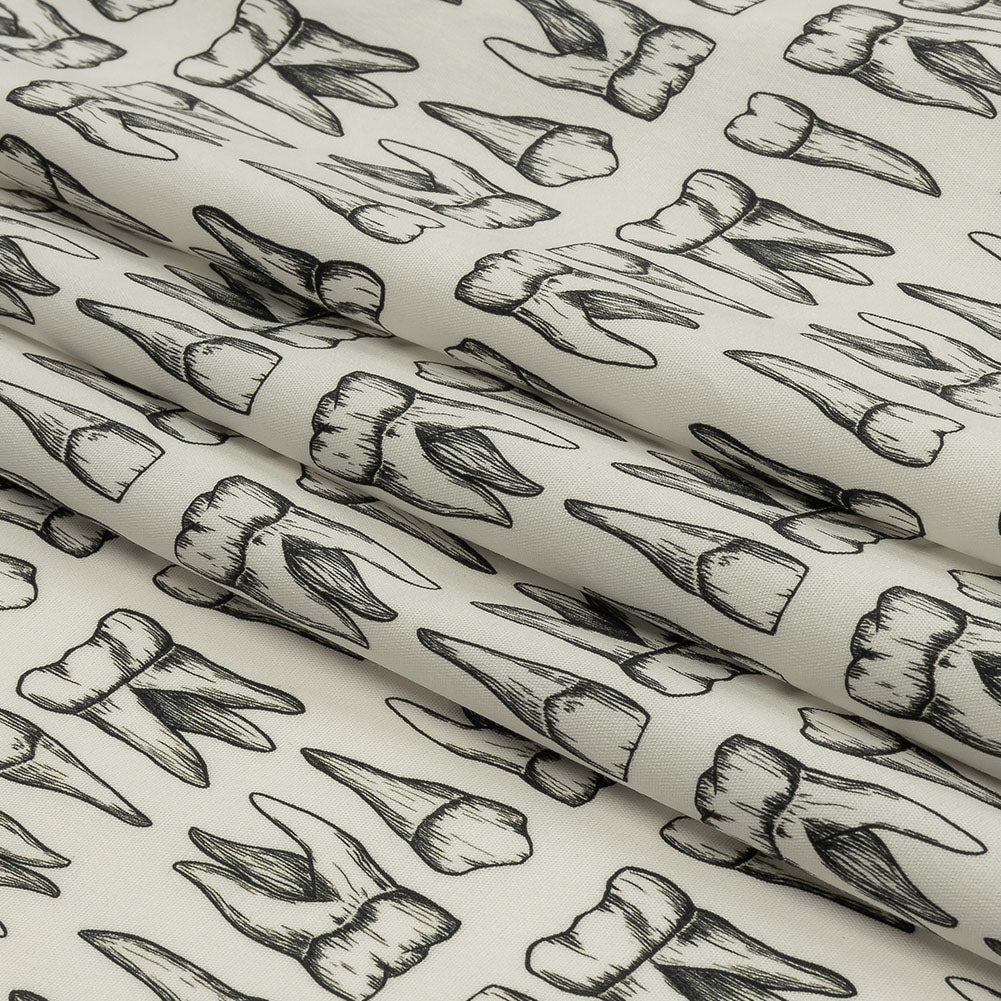 Stretch Cotton Poplin - White and Black Teeth - Berenice Print - Mood Exclusive Nevermore Collection - Folded