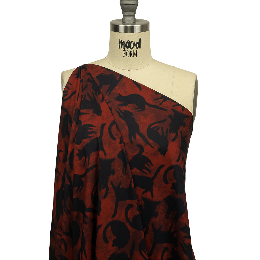 Rayon Batiste - Red and Black Cats - Black Cat Print - Mood Exclusive Nevermore Collection - Drape