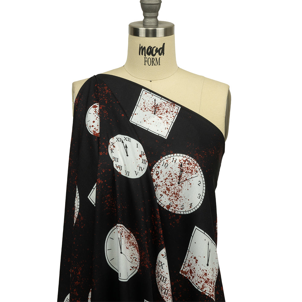 Rayon Batiste - Clocks and Blood Splatter - The Masque Print - Mood Exclusive Nevermore Collection - Drape
