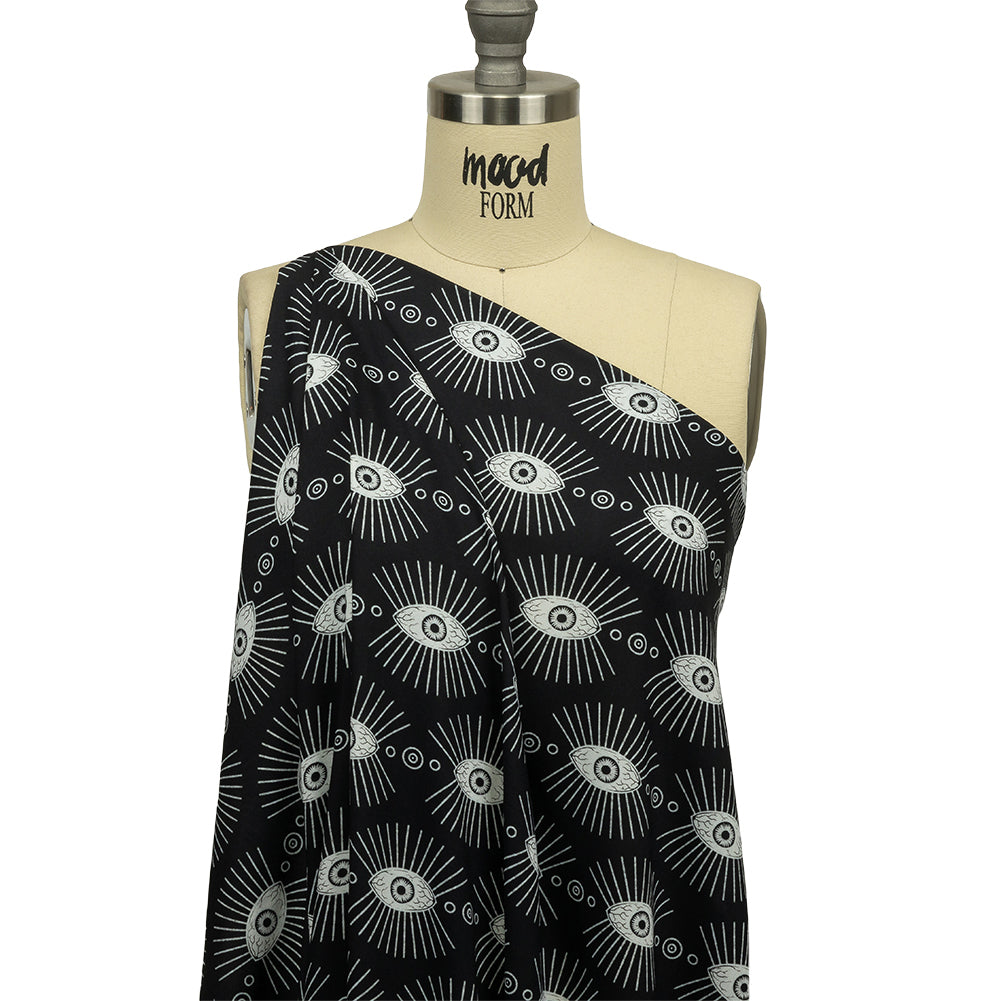 Rayon Batiste - Black and WhiteLines of Eyes - Tell Tale Print - Mood Exclusive Nevermore Collection - Drape