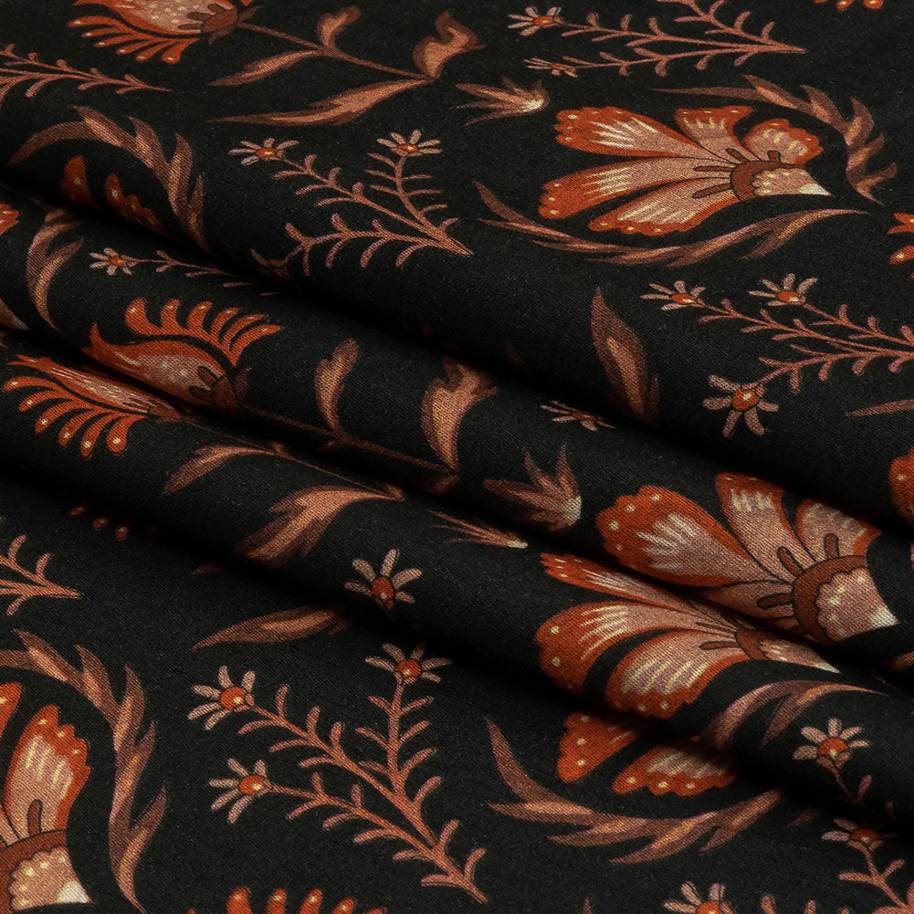 Rayon Challis - Black and Orange Floral - Watching the Fire Print - Mood Exclusive Rockland Collection - Folded