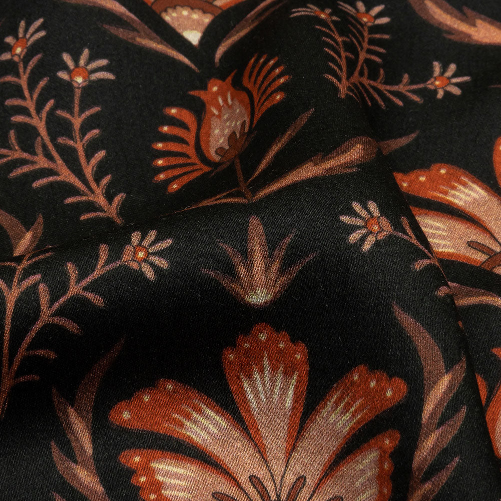 Rayon Challis - Black and Orange Floral - Watching the Fire Print - Mood Exclusive Rockland Collection - Detail
