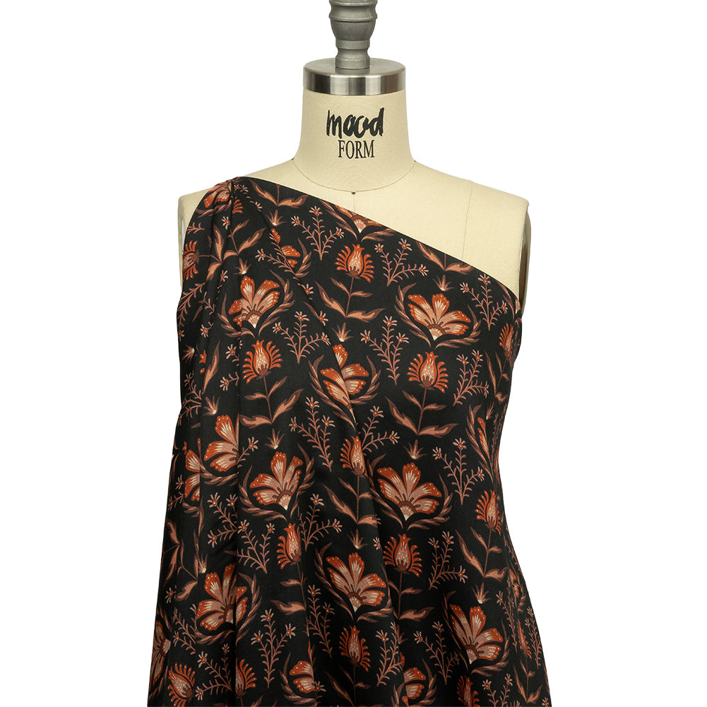 Rayon Challis - Black and Orange Floral - Watching the Fire Print - Mood Exclusive Rockland Collection - Drape