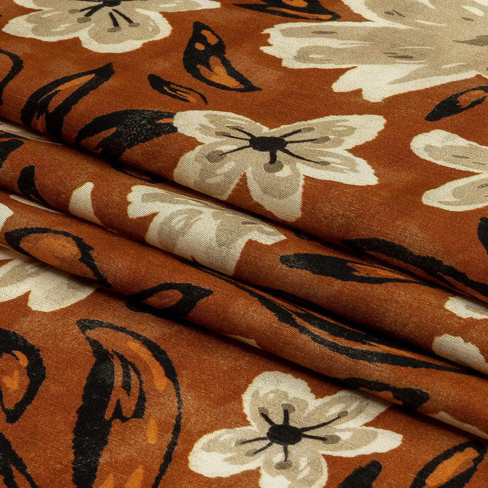Rayon Challis - Burnt Orange Painterly Floral - Orange Wildflower Walk Print - Mood Exclusive Rockland Collection - Folded