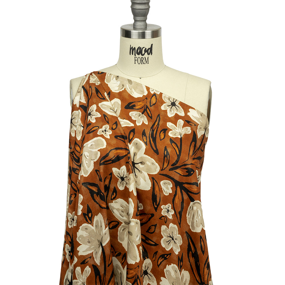 Rayon Challis - Burnt Orange Painterly Floral - Orange Wildflower Walk Print - Mood Exclusive Rockland Collection - Drape