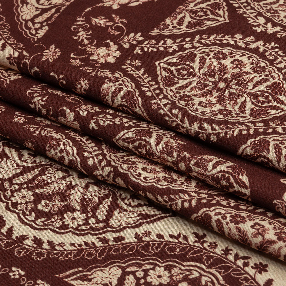 Rayon Challis - Beige and Burgundy Paisley - Impressions in Time Print - Mood Exclusive Rockland Collection - Folded