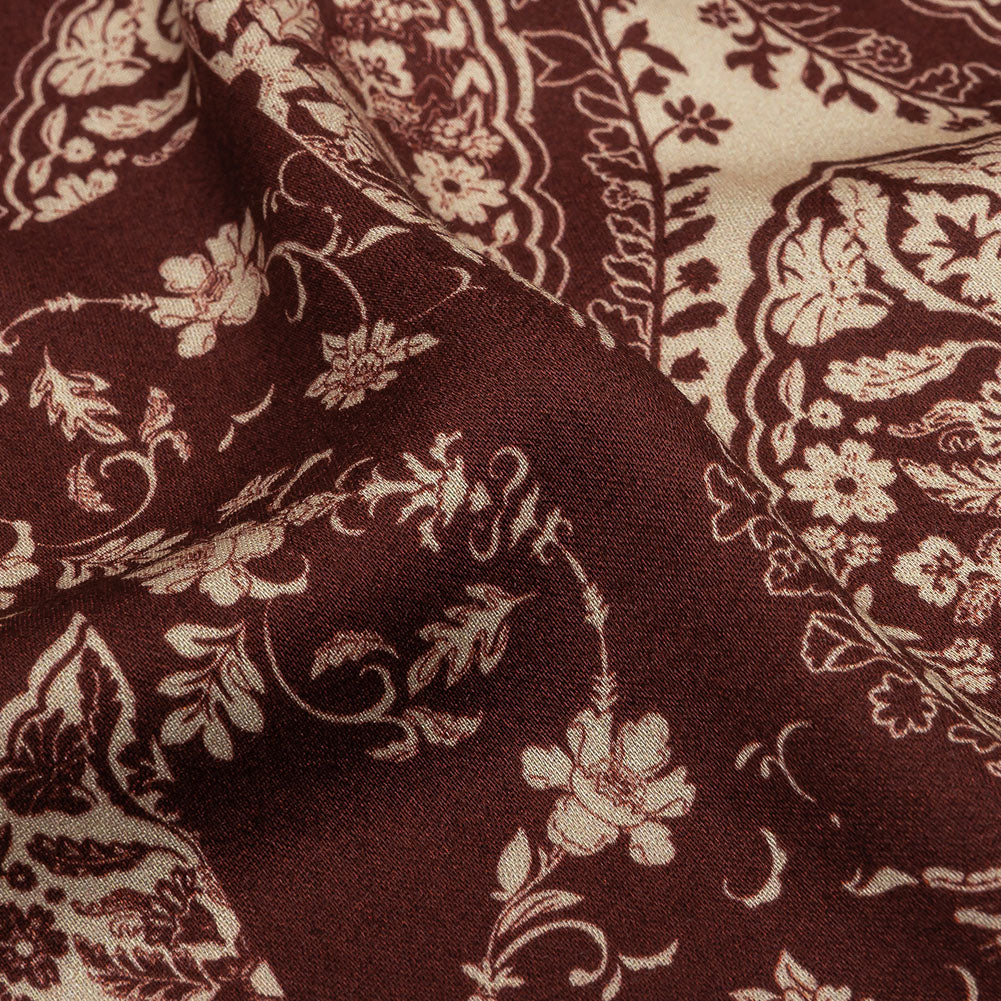 Rayon Challis - Beige and Burgundy Paisley - Impressions in Time Print - Mood Exclusive Rockland Collection - Detail