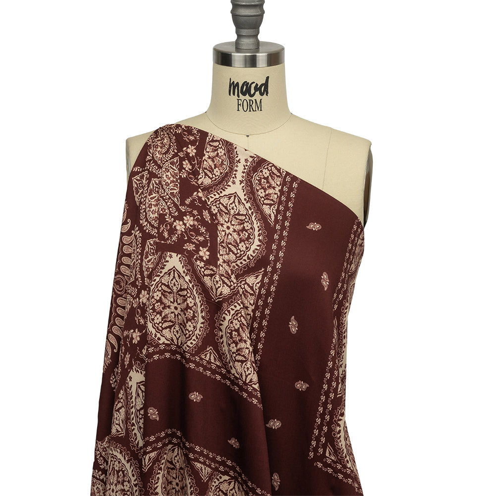 Rayon Challis - Beige and Burgundy Paisley - Impressions in Time Print - Mood Exclusive Rockland Collection - Drape