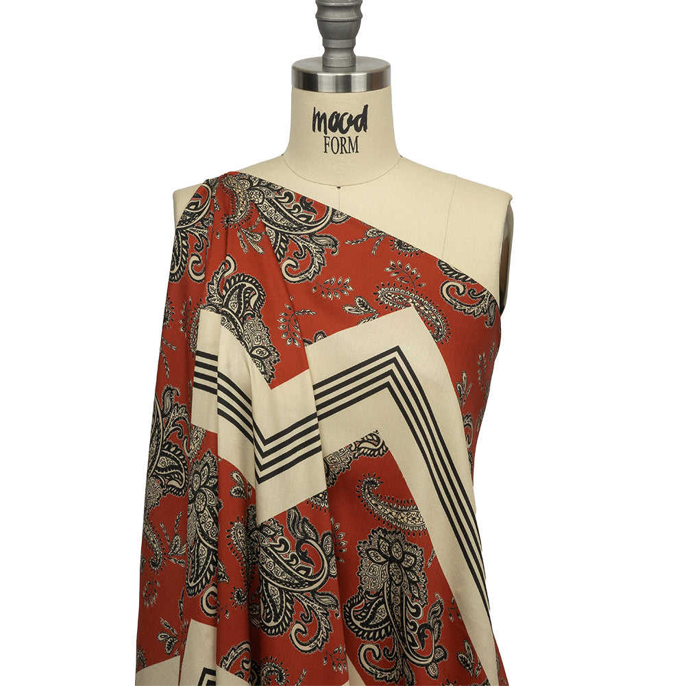 Rayon Challis - White and Orange Paisley and Chevron - Well Travelled Trails Print - Mood Exclusive Rockland Collection - Drape
