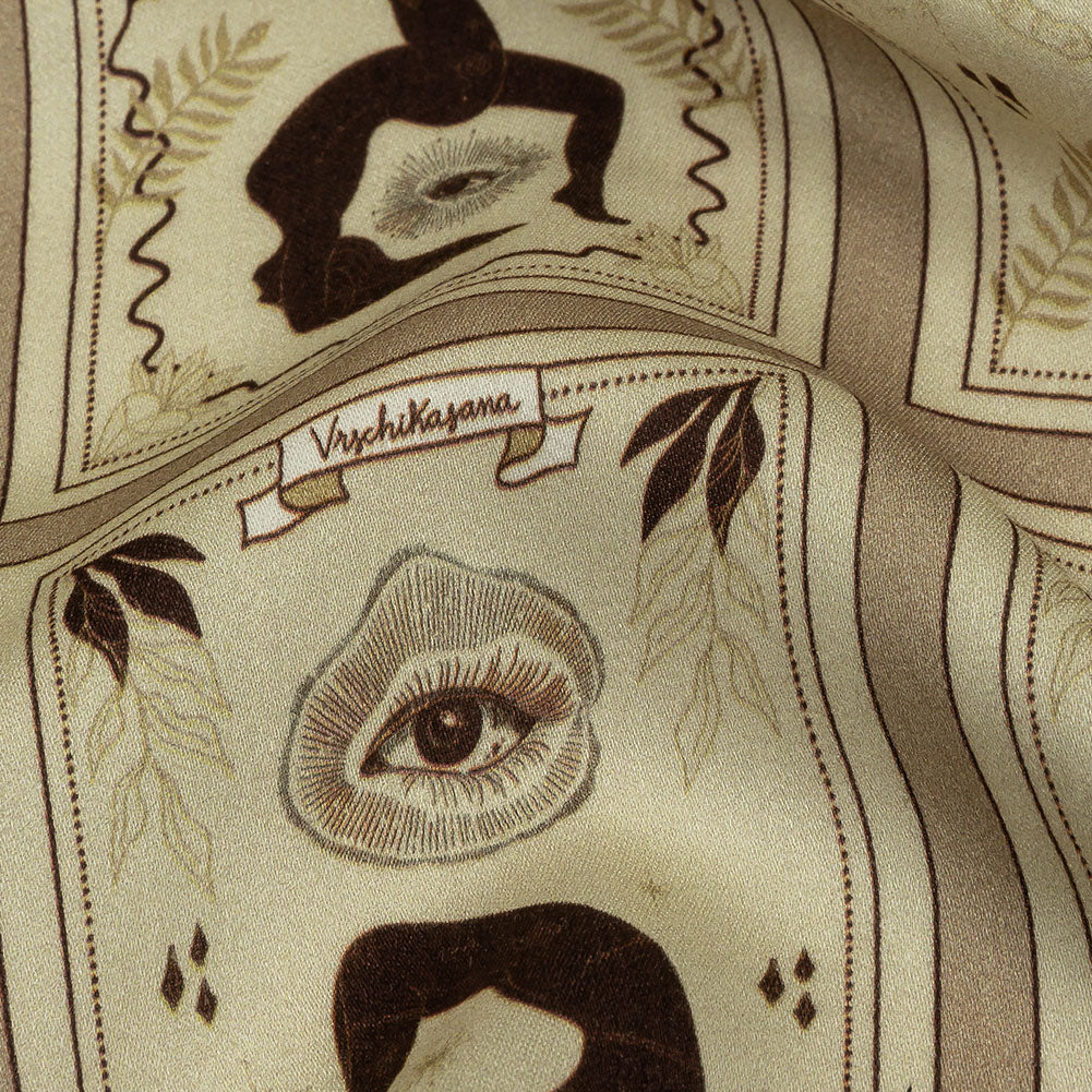 Rayon Challis - Beige and Brown Yoga Cards - Finding Balance Print - Mood Exclusive Rockland Collection - Detail