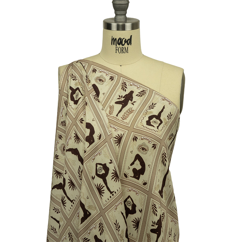 Rayon Challis - Beige and Brown Yoga Cards - Finding Balance Print - Mood Exclusive Rockland Collection - Drape