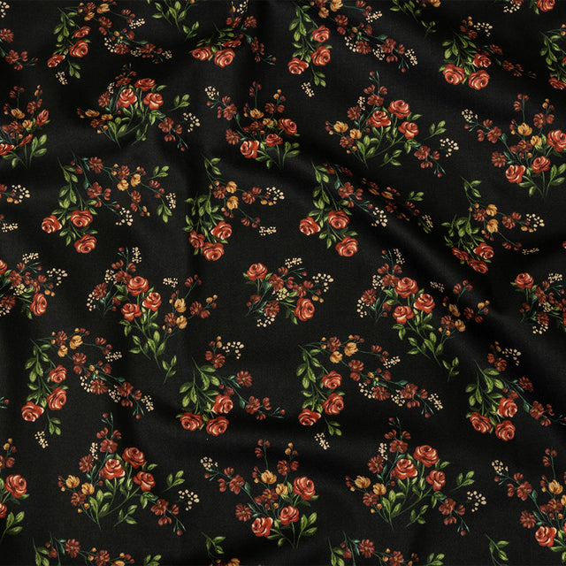 Stretch Cotton Sateen - Black and Pink Floral - Mason Jar Bouquet Print - Mood Exclusive Rockland Collection