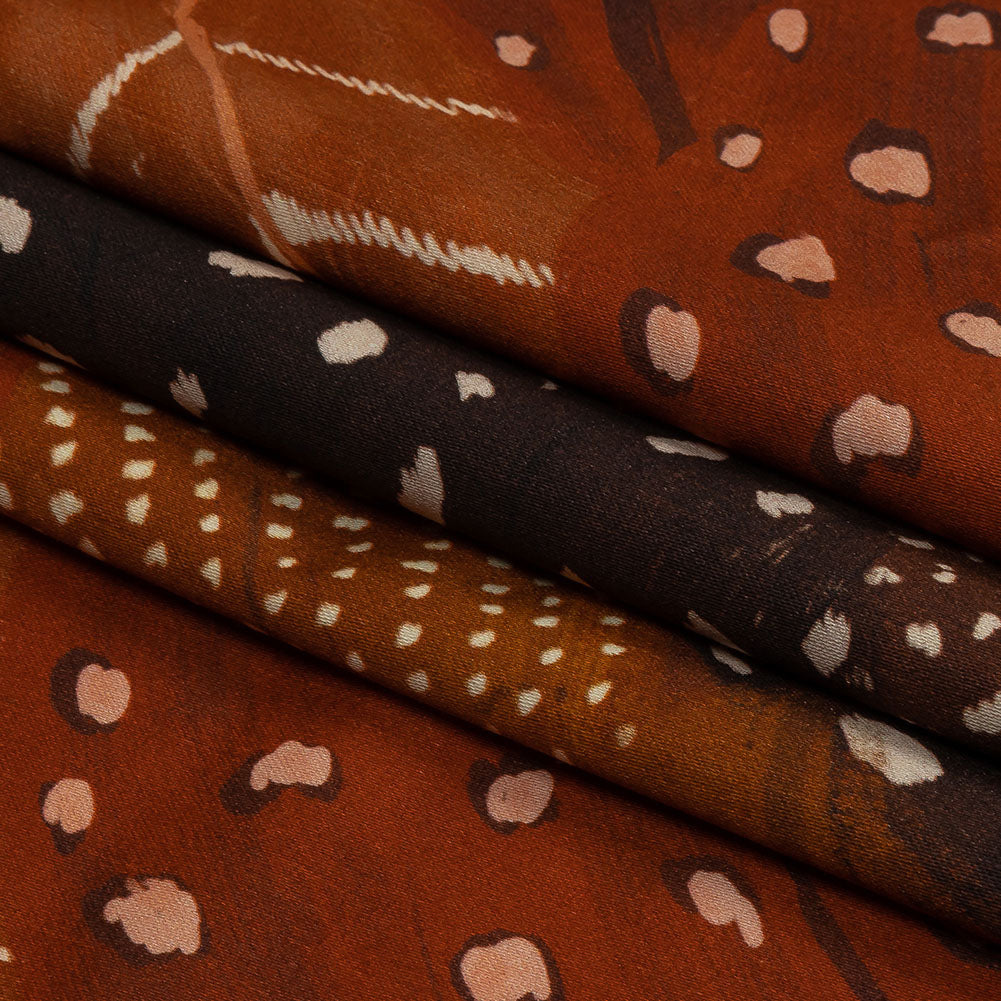 Stretch Cotton Sateen - Brown and Orange Decorated Diagonal Stripes - Wind in Your Wings Print - Mood Exclusive Rockland Collection - Folded